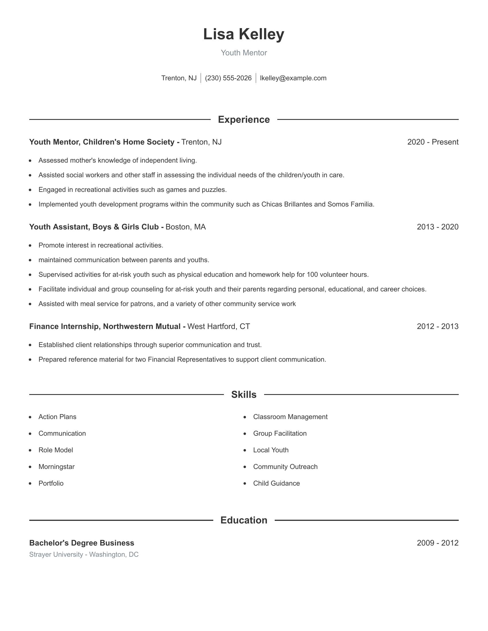 Youth Mentor resume example