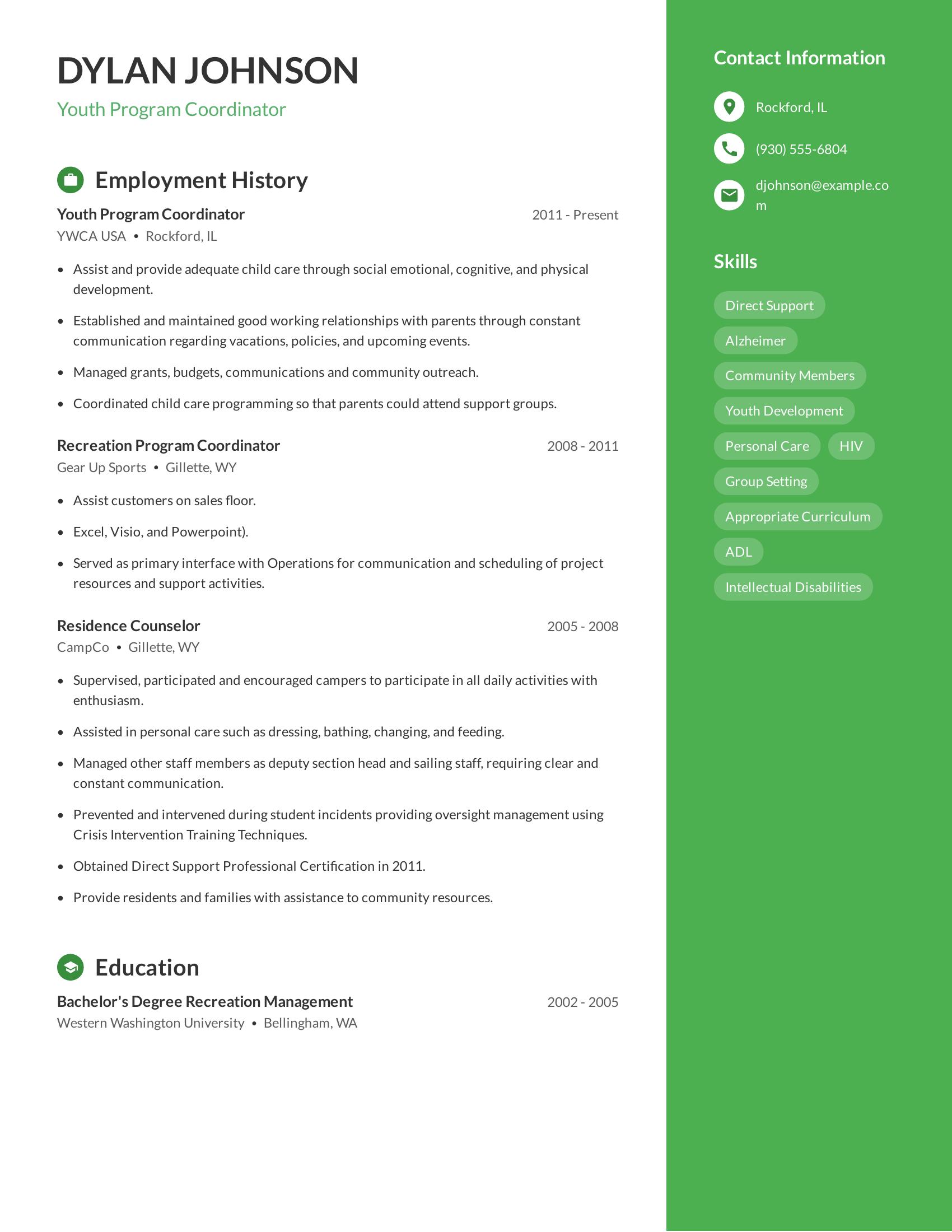 Youth Program Coordinator resume example