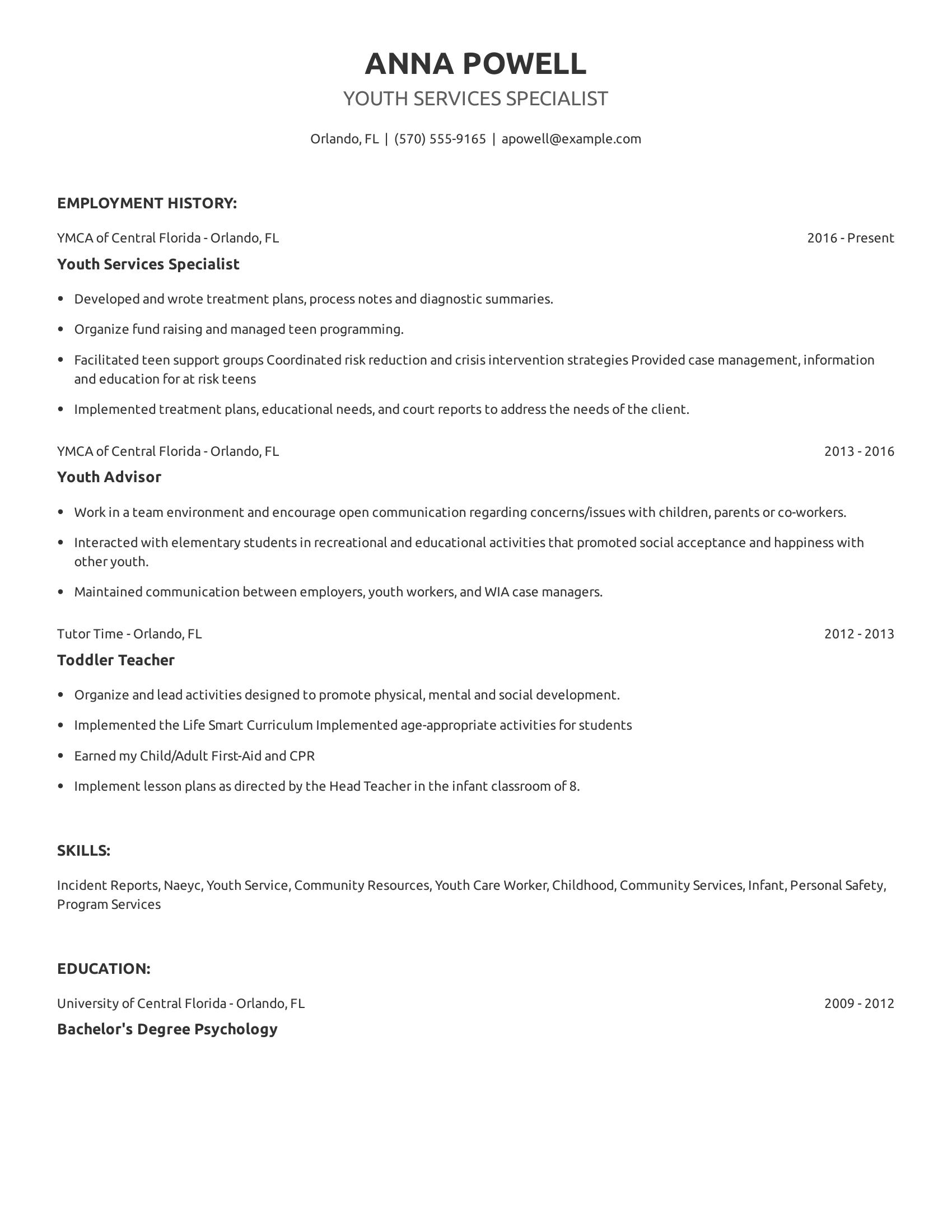 Youth Services Specialist resume example