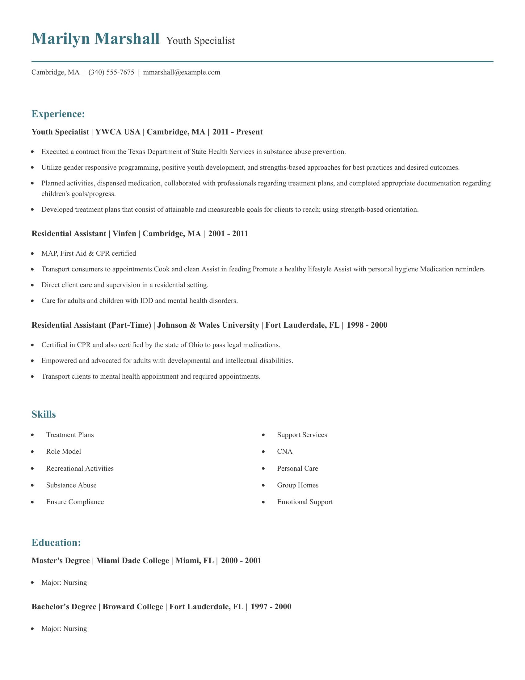 Youth Specialist resume example