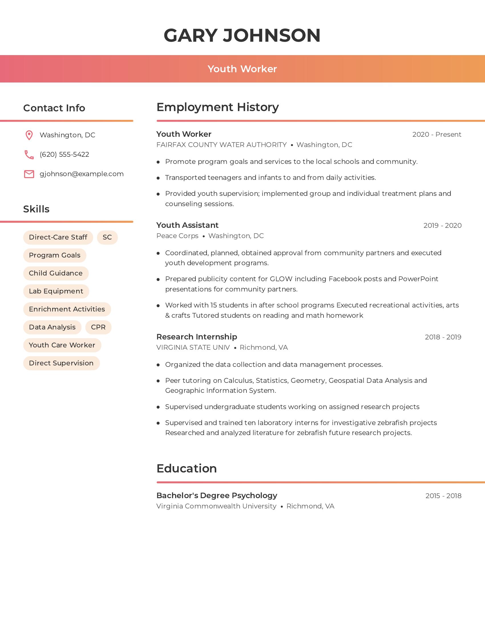 Youth Worker resume example