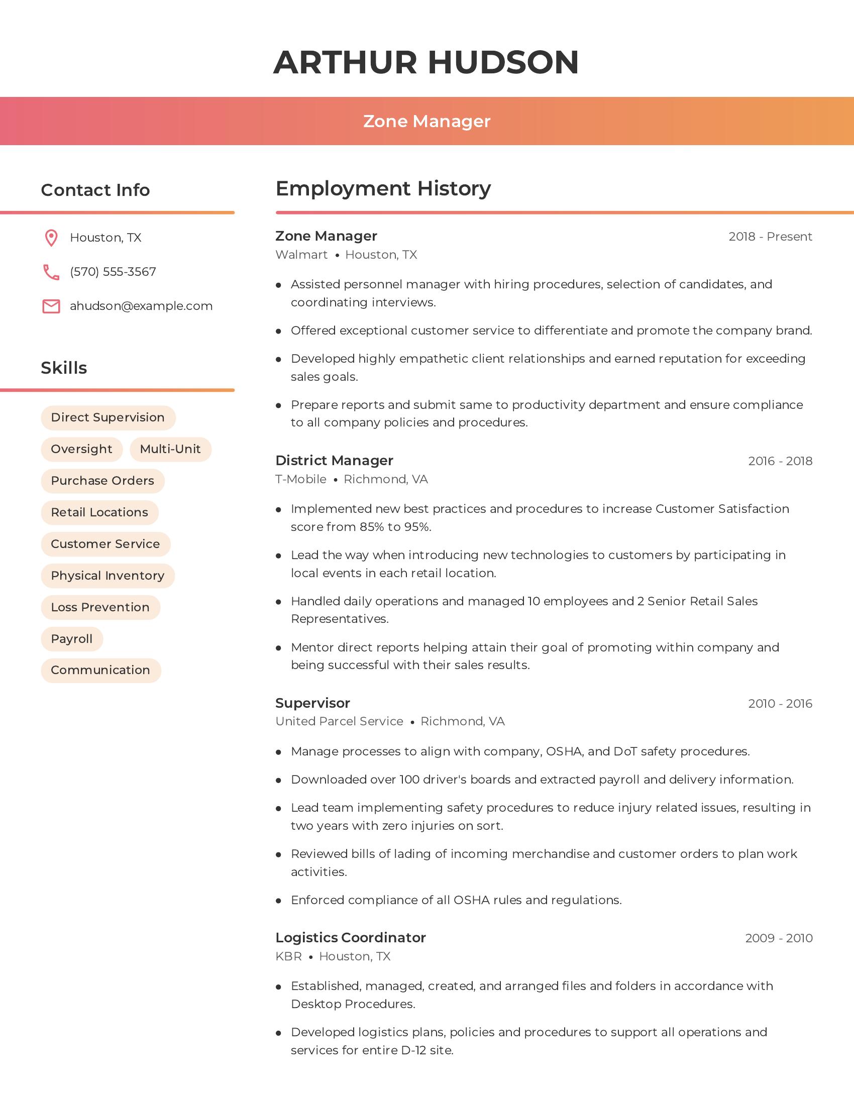 Zone Manager resume example